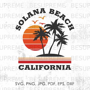 May include: A retro-style graphic design featuring a sunset with palm trees and the text "Solana Beach California".