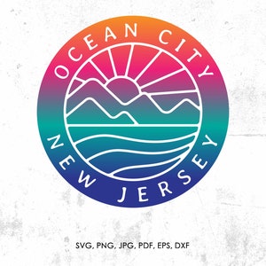 May include: A colorful circular logo with a sunset over mountains and ocean waves. The text "OCEAN CITY NEW JERSEY" is written around the circle.