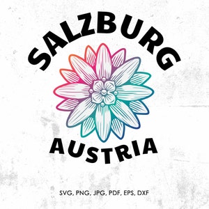 May include: A colorful graphic design featuring a stylized flower with a gradient of red, orange, yellow, green, blue, and purple. The text "SALZBURG" is above the flower and "AUSTRIA" is below the flower.
