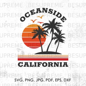 Könnte beinhalten: Ein Retro-Grafikdesign mit einem Sonnenuntergang, Palmen und dem Text "Oceanside California".