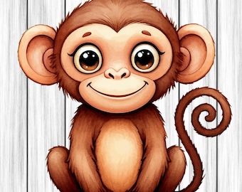 Monkey Animal Clipart, Nursery Art, Animal Clipart, Cute Watercolor Animal, Monkey Png, Digital Download