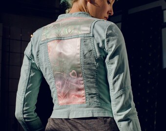 Unique custom made Barbie-Obi-Jacket -> Mint coloured with pink, purple and mint details featuring the hoo-birds feathers and glitter