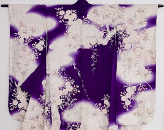 Vibrant purple Furisode with soft pink sakura / weeping willow tree and silver mist banks