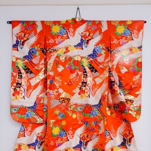 Extravagant bright orange Uchikake (wedding kimono) with blue cranes and gold noshi