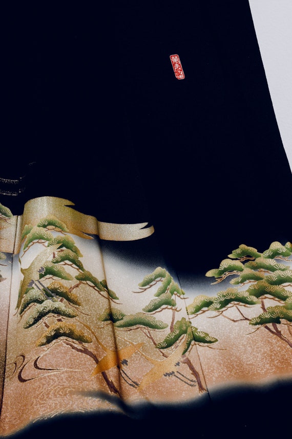Kuro Tomesode Kimono with Artist Seal, Cranes & P… - image 5