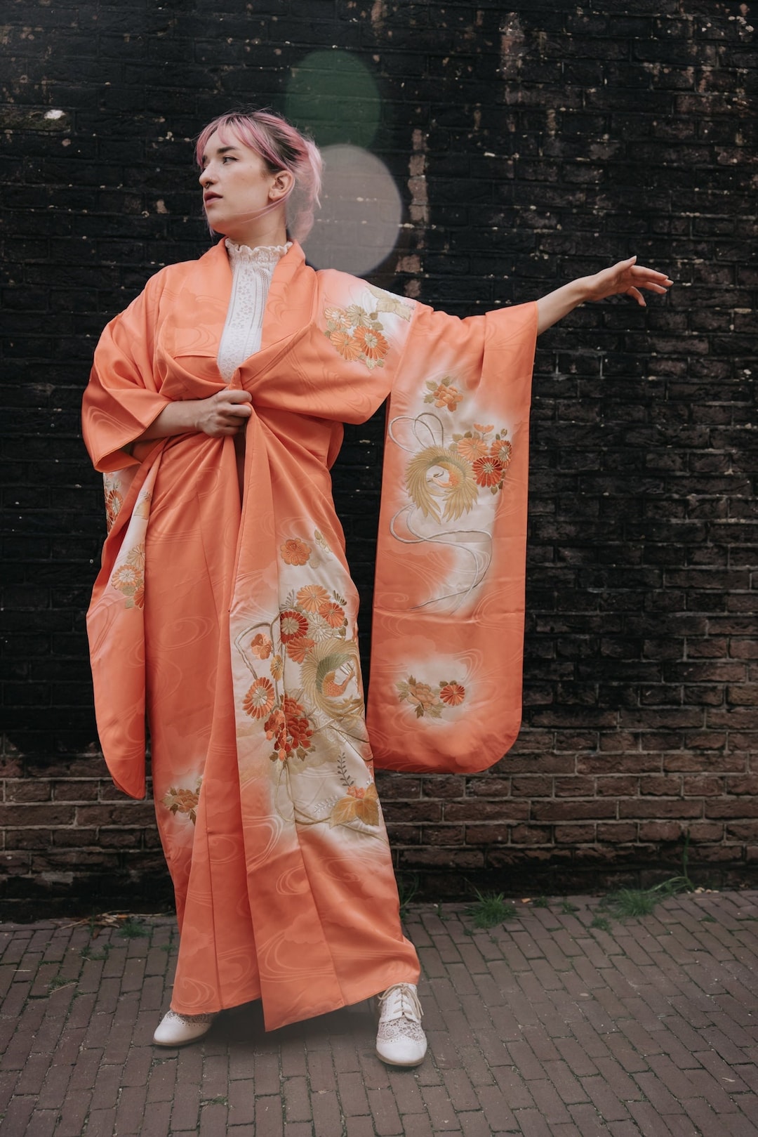 Energetic Furisode Kimono! Orange/pink Colour and Lots of
