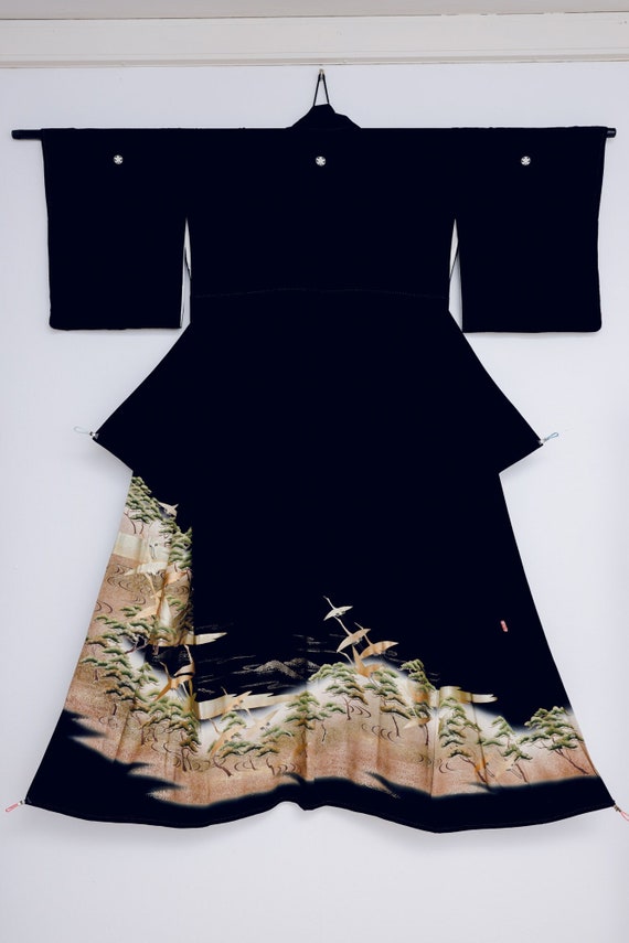 Kuro Tomesode Kimono with Artist Seal, Cranes & P… - image 1