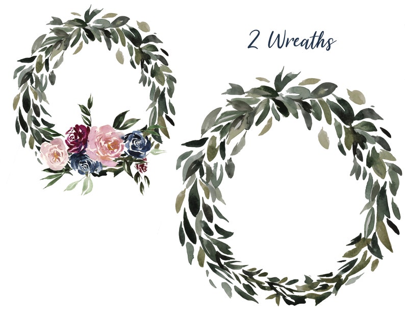 Watercolor Flower Bouquet Mauve Maroon Navy Pink Blossom Wreath Clip Art Digital Download Floral printable Invitation bridal wedding shower
