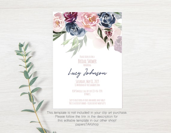 Watercolor Flower Bouquet Mauve Maroon Navy Pink Blossom Wreath Clip Art Digital Download Floral printable Invitation bridal wedding shower