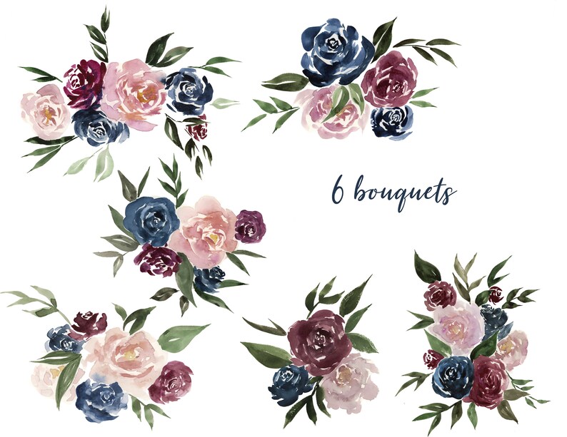 Watercolor Flower Bouquet Mauve Maroon Navy Pink Blossom Wreath Clip Art Digital Download Floral printable Invitation bridal wedding shower