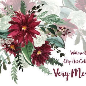 Aquarela Natal Feriado Clip Art Imprimível Floral Poinsétia Pinheiro Evergreen Bouquet Frame Cartões Download Digital DIY Muito Feliz
