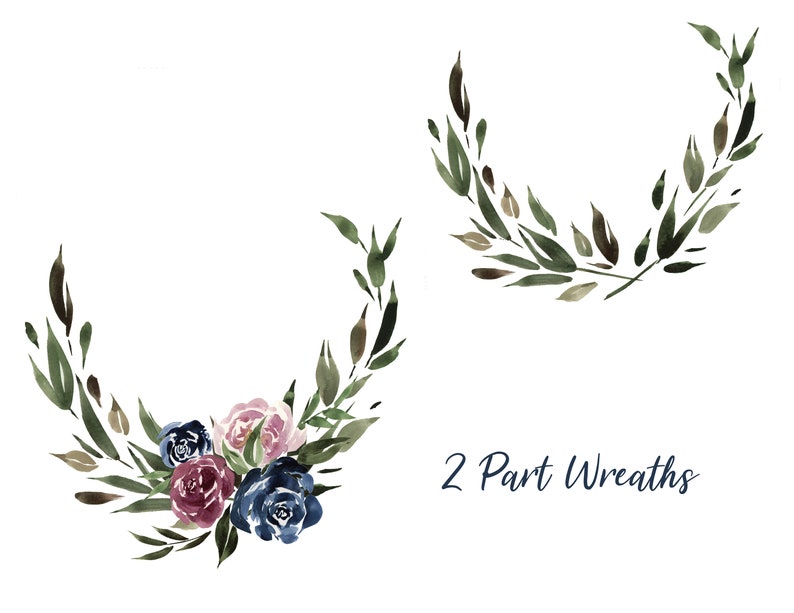 Watercolor Flower Bouquet Mauve Maroon Navy Pink Blossom Wreath Clip Art Digital Download Floral printable Invitation bridal wedding shower