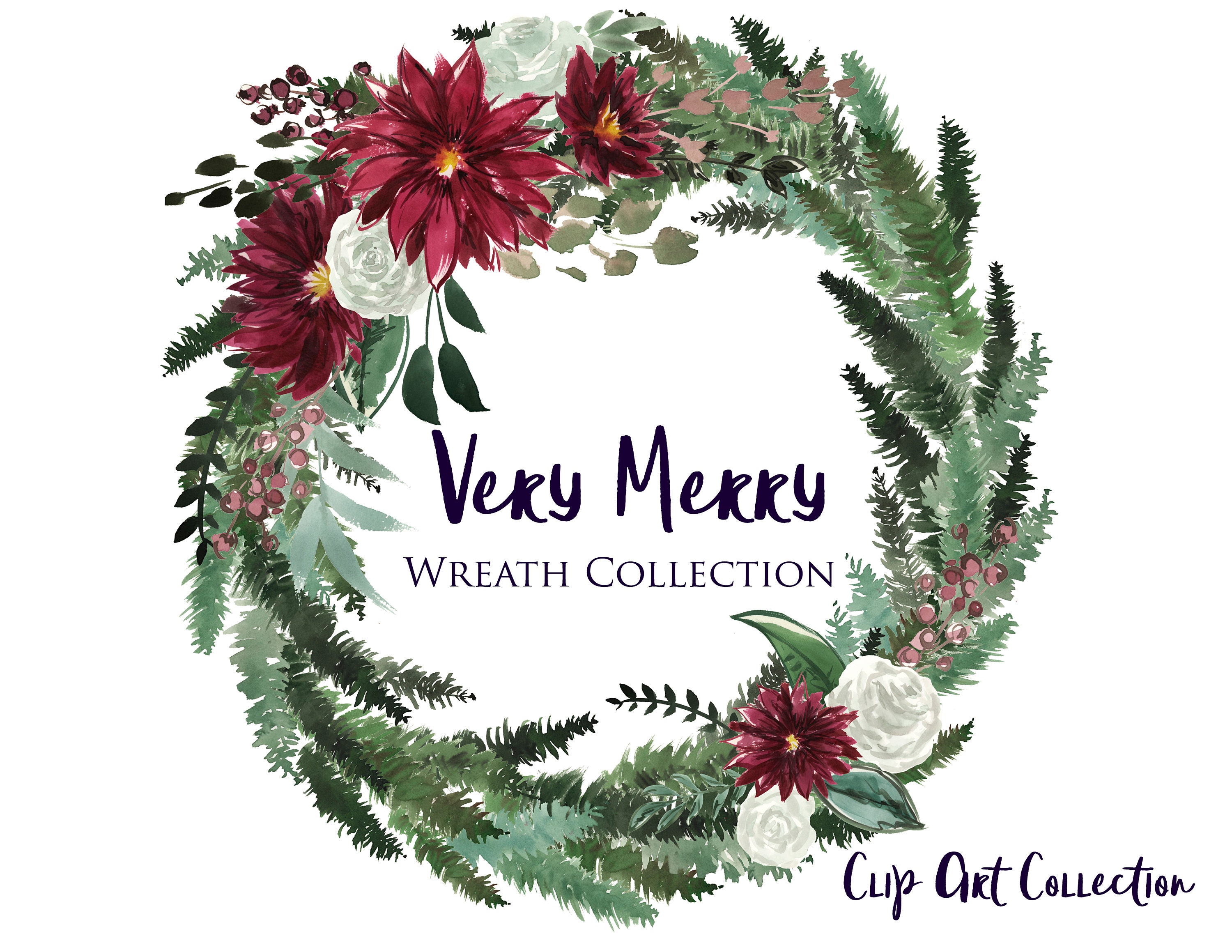 Watercolor Christmas Wreath Holiday Clip Art Printable Floral | Etsy