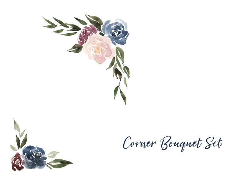 Watercolor Flower Bouquet Mauve Maroon Navy Pink Blossom Wreath Clip Art Digital Download Floral printable Invitation bridal wedding shower