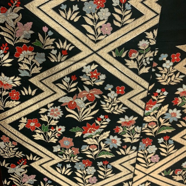 Japanese Antique Silk Black Floral Fukuro Obi