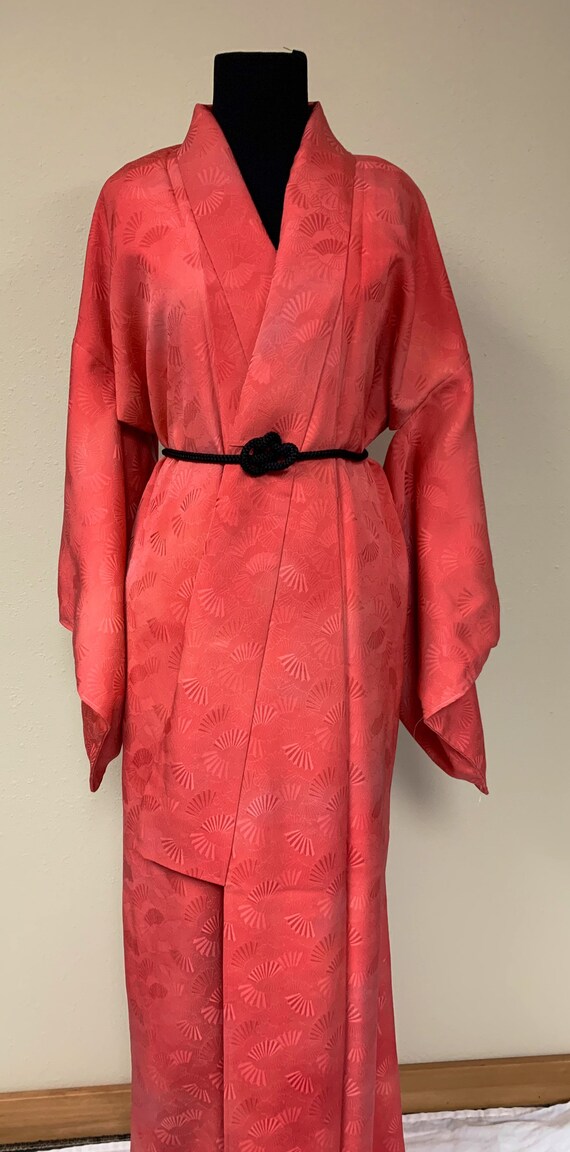 Japanese Silk Vintage Coral Fan Motif kimono