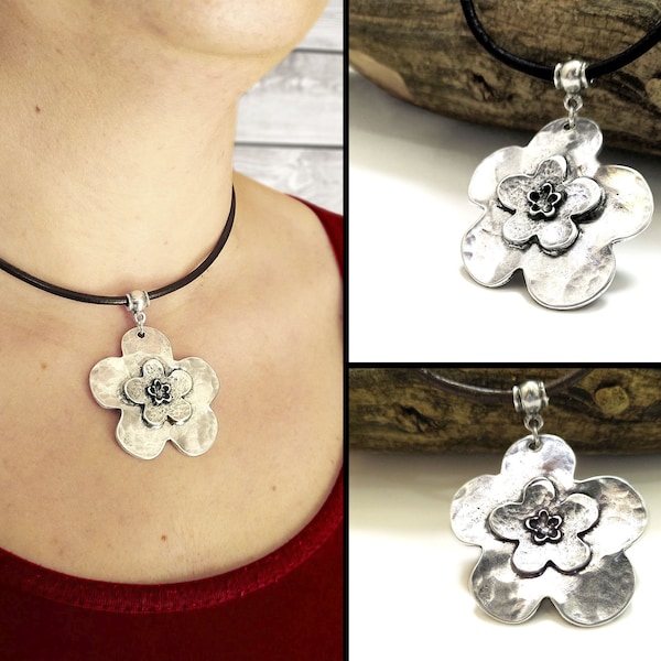 Bohemian large flower pendant necklace, Antique Silver Plated flower Pendant, Big Groovy irregular Flower Pendant leather necklace, CC-C0-10
