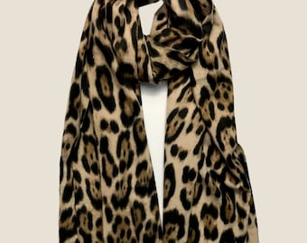 Leopard Print Scarf with Tassels: Wool Blend Winter Scarf