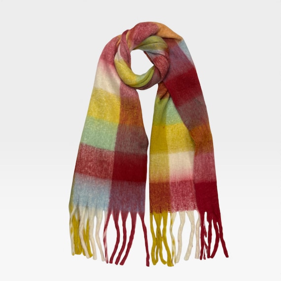 Colorful Checked Blanket Scarf Oversized Wool Blend Wrap with Tassels