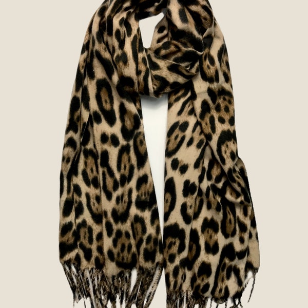 Thick classic leopard animal print scarf with tassel made from cotton for her and him perfect for winter