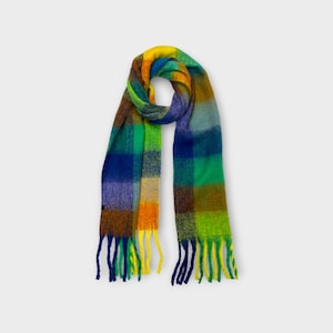 Supersoft multicheck fluffy wool mix winter scarf gift for him or her in soft tropical colours