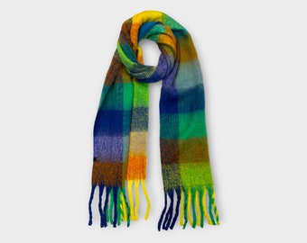 Supersoft multicheck fluffy wool mix winter scarf gift for him or her in soft tropical colours