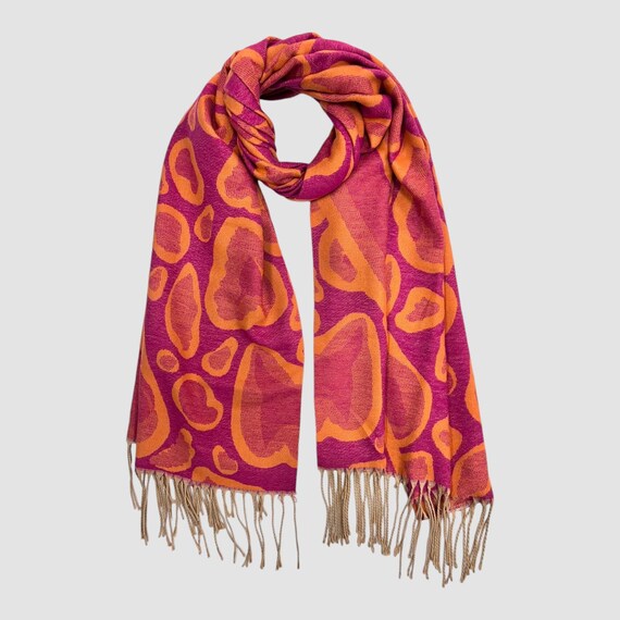 Sciarpa con stampa a cuore leopardato: misto lana con lunghe nappe