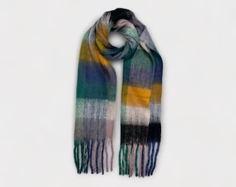 Supersoft multicheck fluffy wool mix winter scarf in seagreen colours perfect for him or her