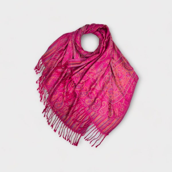 Pashmina scarf with paisley print in pink, purple or red variation. Perfect present for valentines day, mothers day, birthday