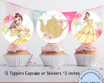 INSTANT DOWNLOAD, Belle Tea Party, Cupcake Topper, Belle Toppers, Princess Belle, Tea party Cupcake, Tea Toppers, Tea Birthday, Princess Tea