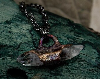 Ìsdýrlingar - Kristallklarer Amethyst Doppelender / Kupfer - Rainbow Aura finish - Kette #I56