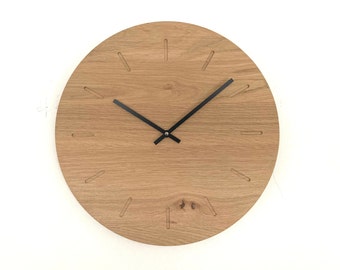 Modern wall clock made of oak, model "Slot", 36 cm, round, solid wood, solid wood