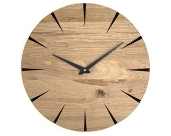 Modern wall clock made of oak wood, solid wood, "Spike" model