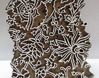 Indian wooden hand carved textile printing fabric block / stamp fine floral n leaves motif border pattern large