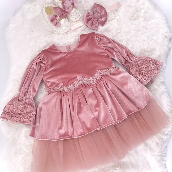 Samt Rose Mädchen Kleid, samt Kleid mit Ärmeln, samtkleid Mädchen, Mädchen Kleid aus samt und spitze, samt Kleid, Mädchen Rose Kleid