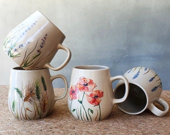 Handmade Mugs Flowers Painting, Handpainted Ceramic Tea Coffee Cappuccino Cups, Drinkware Mug Set, Holiday Gift Ideas, Floral Design Gifts