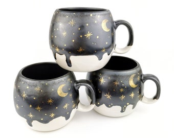 24k Gold Gray Ceramic Mugs, Handmade Pottery Moon Cups, Christmas Gift Ideas, Porcelain Drinkware Cups Set, Tableware Pottery Kitchen Decor