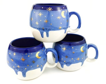 24k Gold Blue Ceramic Mugs, Handmade Pottery Moon Cups, Christmas Gift Ideas, Porcelain Drinkware Cups Set, Tableware Pottery Kitchen Decor
