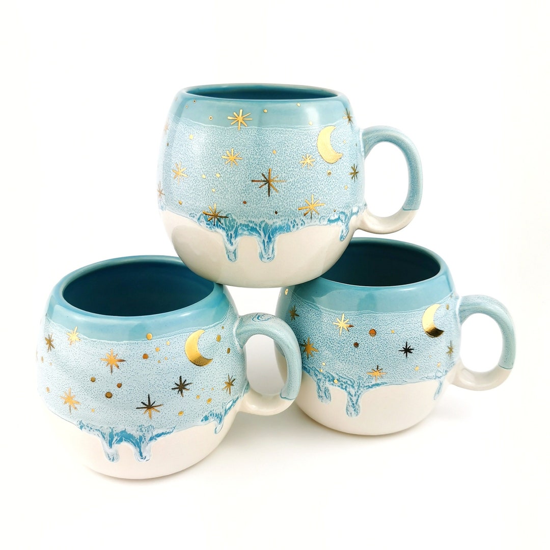 24k Gold Ice Blue Ceramic Mugs Handmade Pottery Moon Cup - Etsy