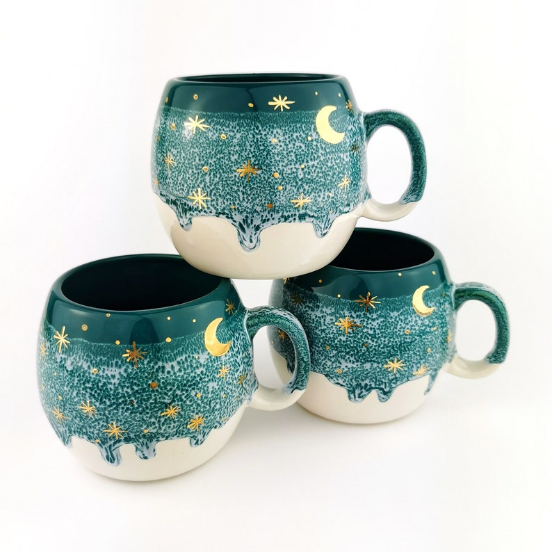 24k Gold Green Ceramic Mugs, Handmade Pottery Moon Cups, Christmas Gift Ideas, Porcelain Drinkware Cups Set, Tableware Pottery Kitchen Decor 