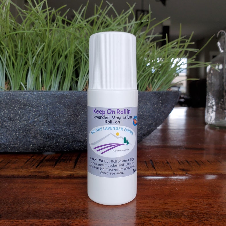 May include: White roll-on bottle with a lavender and purple label that reads "Keep On Rollin' Lavender Magnesium Roll-on Big Sky Lavender Farms Florence, Montana Shake Well: Roll on arms, legs or any sore muscles and rub in to absorb all the magnesium goodness. Avoid eye area. 3 oz."