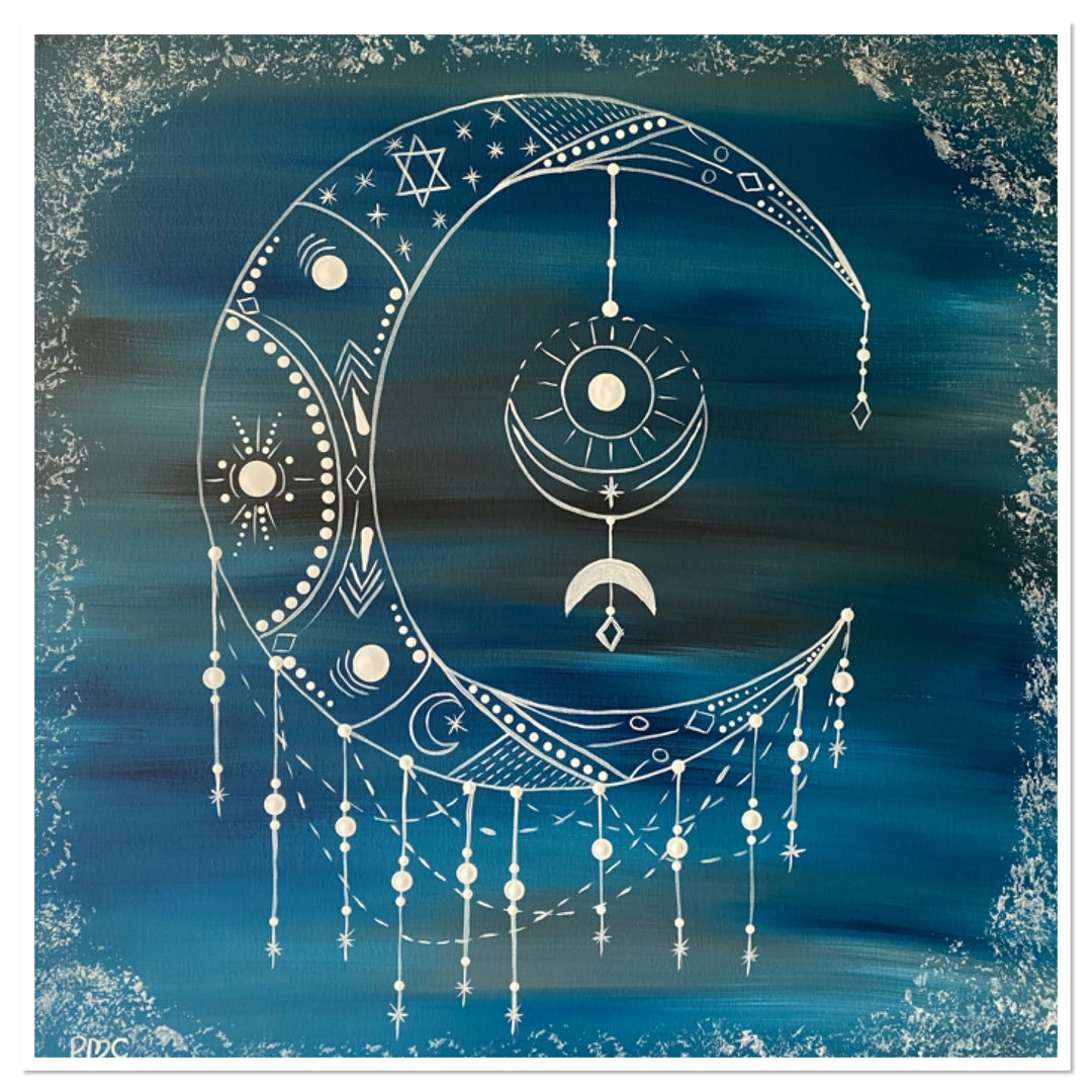 Crescent Moon Moon Wall Art Dot Art Bohemian Blue Etsy