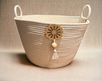 Basket, 100% Cotton Sash Cord,  Made in Australia, Home Decor, Gift, Unique Gift, Storage, Handles, Wooden Flower, Wooden Bead