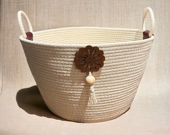 Basket, 100% Cotton Sash Cord,  Made in Australia, Home Decor, Gift, Unique Gift, Storage, Handles, Wooden Flower, Wooden Bead