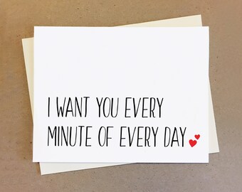 Cute couple card. I want you every minute of every day. Card with hearts.