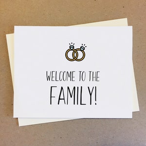 Welkom in de familie. Net getrouwd kaart. Huwelijksuitnodiging. Verlovingskaart handgemaakt. Grappige uitnodigingskaart. Bruiloft douche kaart.