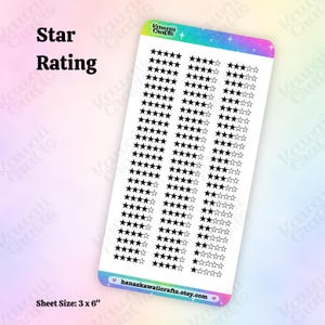 May include: A rectangular sticker sheet featuring rows of black star rating icons. The top header reads Kawaii Crafts and the bottom footer displays the text hanaskrafts.etsy.com. The sheet measures 3 inches by 6 inches in total size.