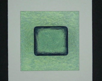 May include: Abstract art piece featuring a square within a square. The outer square is white, framing a shimmering, light green square. A darker green, rectangular shape is centered within the green square, creating a layered effect.