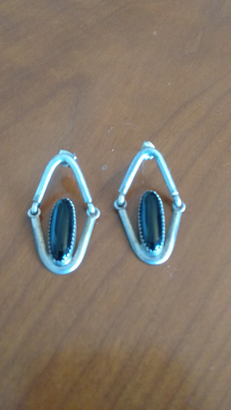 Rita Dawes Sterling Silver with Black Onyx Vintage Hinged Earrings