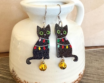 Pendientes de gato navideño, pendientes para amantes de los gatos, pendientes colgantes de gatito, n.° 4189